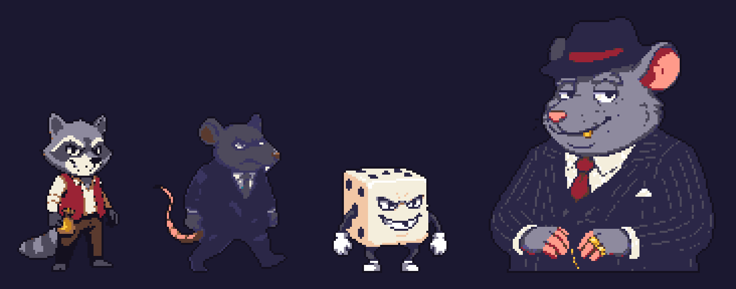 Rocco, a rat thug, a dice goon and Don Vermino in pixel art, standing on one floor line.