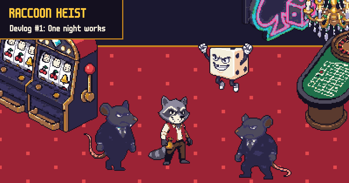 Rocco the raccoon, a coin pouch on his belt, stands on the casino carpet between two rat thugs in black suits, while a dice goon hops past slot machines and a roulette table.