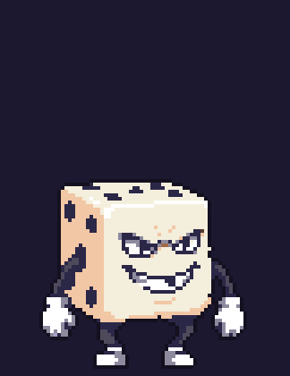A dice goon with a toothy grin hopping in a loop, in pixel art.