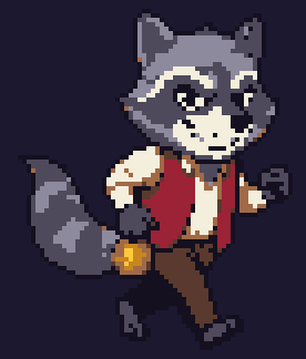 Rocco the raccoon in his red vest, running in a loop, in pixel art.