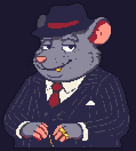 Don Vermino, the Rat Boss in a fedora and pinstripe suit, talking while he toys with a gold watch, in pixel art.