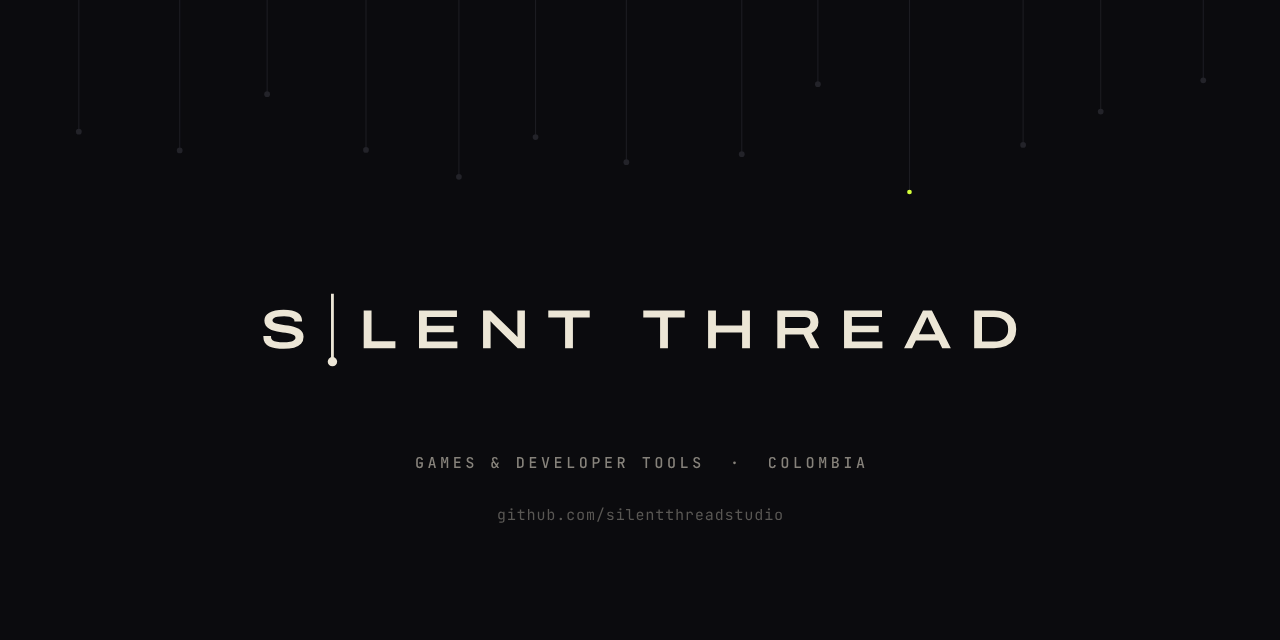 The Silent Thread wordmark, with the I drawn as a hanging thread, under a row of threads dropping from the top. Games and developer tools, Colombia.